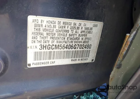 2006 Honda Accord Lx z USA, uszkodzony, nr VIN 3HGCM56406G702480